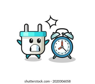 Caricatura Ilustración de enchufe eléctrico sorprendida con un reloj despertador gigante