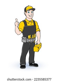 Cartoon illustration of electrician smiling character mascot with toolbox and thumb up on white. Vector