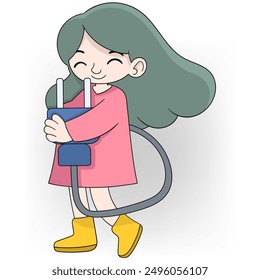 cartoon illustration of electronic equipment safety, woman holding knob electric plug