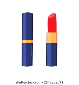 Cartoon illustration of elegant lipstick packaging shown open and closed vector. Drawing for beauty product branding and cosmetic ads