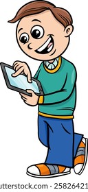 Cartoon illustration of elementary age boy with digital tablet