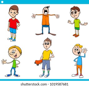 Cartoon Illustration of Elementary Age Boys Children Characters Set