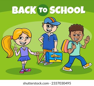 Cartoon illustration of elementary age children characters with Back to School caption