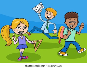 Cartoon illustration of elementary age girl and boys students characters