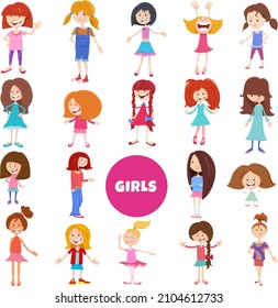 Cartoon illustration of elementary age and teen girls characters big set