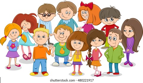 Cartoon Illustration of Elementary School Age Children Characters Group