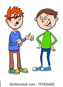 Cartoon Illustration of Elementary School Age or Teenage Boys Characters Talking