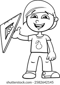 Cartoon illustration of elementary school boy with triangle coloring page