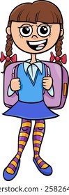 Cartoon illustration of elementary school pupil girl with school bag