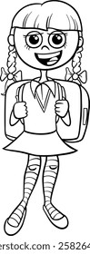 Cartoon illustration of elementary school pupil girl with school bag coloring page