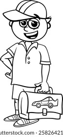 Cartoon illustration of elementary school student boy with school bag coloring page