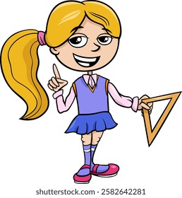 Cartoon illustration of elementary school student girl with triangle