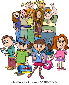 Cartoon Illustration of Elementary School Students and Teenager Characters Group