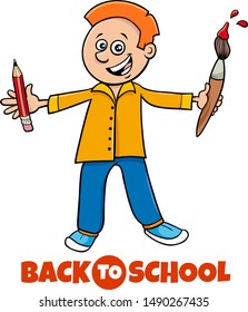 Cartoon Illustration of Elementary or Teen Age Boy Character with Pencil and Paintbrush and Back to School Sign