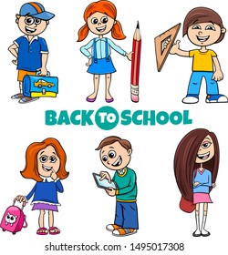 Cartoon Illustration of Elementary or Teen Age Girls and Boys Characters Set with Back to School Sign