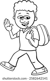 Cartoon illustration of elementary or teen age boy character with schoolbag coloring page