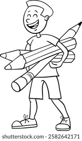 Cartoon illustration of elementary or teen age boy with big pencils and crayons coloring page