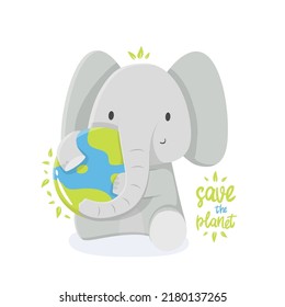 Cartoon illustration of an elephant with earth in support of ecology. save the planet for design, books, print, design, poster, greeting card, postcard