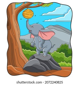 cartoon illustration elephant trying to take a bee's nest