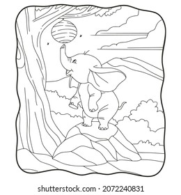 cartoon illustration elephant trying to take a bee's nest book or page for kids black and white