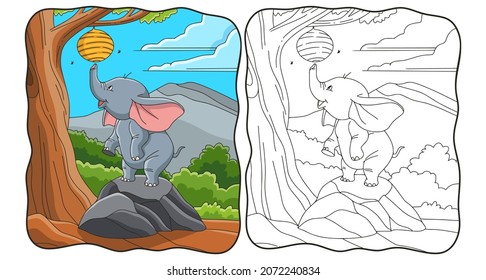 cartoon illustration elephant trying to take a bee's nest book or page for kids