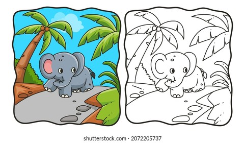 cartoon illustration elephant walking in the forest coloring book or page for kids