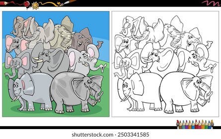 Cartoon illustration of elephants animal characters group coloring page