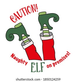 Cartoon illustration with elf legs feet. Christmas elf feet, vector illustration. Cute elves legs, boots, socks. Santa helpers shoes and pants. Isolated on white background. Christmas card