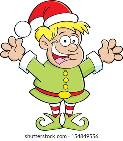 Cartoon illustration of an elf waving his arms.