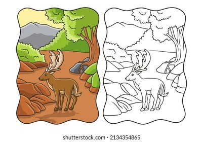cartoon illustration elk walking in the forest enjoying the view and hunting for food book or page for kids