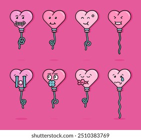 Cartoon Illustration des Emoticons eines rosafarbenen, herzförmigen Ballons, der mit seltsamen Emotionen schwebt. Kann für Geburtstage, Partys, Valentinstag, Feiern verwendet werden und auf T-Shirts, Kapuzen, Tasche gedruckt werden