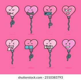 Cartoon Illustration of emoticon of pink heart shaped balloon floating with strange emotions. Can be used for birthdays, parties, Valentine Day, celebrations and printed on t-shirts, hoodies, tote bag