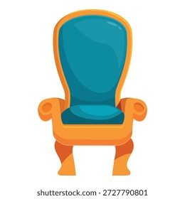 Cartoon illustration of an empty royal throne chair with a golden frame and blue upholstery, representing power, monarchy, and authority