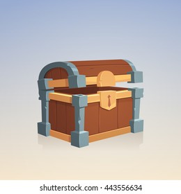 Cartoon illustration of empty wooden chest with corners of stone.