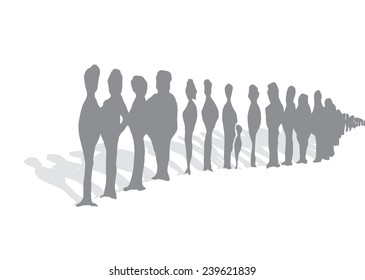 Cartoon Illustration Of Endless Queue Of Waiting Unrecognizable People Silhouettes