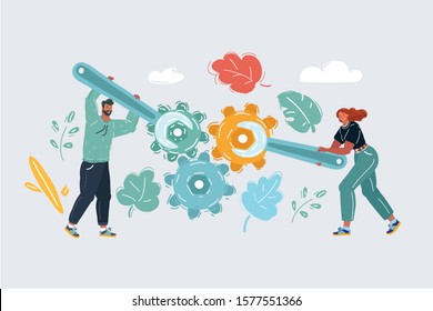 Cartoon illustration of Engineer woman and man construction system gear on white background. Human character on white.