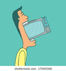 Cartoon illustration of an enthusiastic television addict eating a tv set