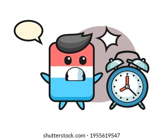 Cartoon illustration of eraser is surprised with a giant alarm clock, cute style design for t shirt, sticker, logo element
