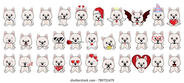 Cartoon Illustration of Eskimo Dog or Spitz. Big set of 32 different little dogs. White puppies with different emotions.
