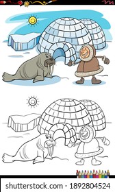 Cartoon illustration of Eskimo with his igloo and walrus coloring book page