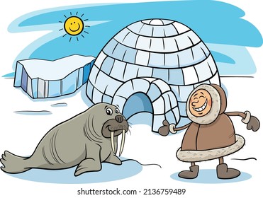 Cartoon illustration of Eskimo or Lapp man characters with his Igloo house and walrus