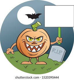 Cartoon illustration of an evil jack o lantern with a background holding a sign.