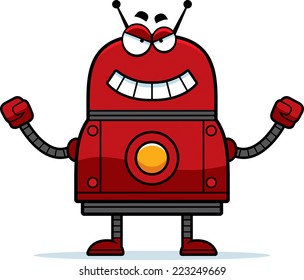 A cartoon illustration of an evil looking red robot.