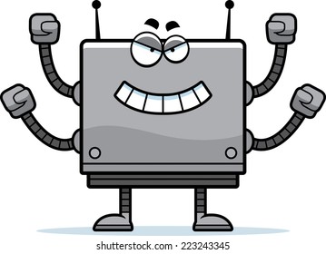 A cartoon illustration of an evil looking square robot.