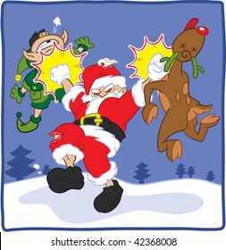 Cartoon illustration of an evil Santa Claus punching Rudolph and elf