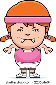 A cartoon illustration of an exercising child looking angry.