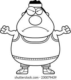 A cartoon illustration of an exercising man looking angry.