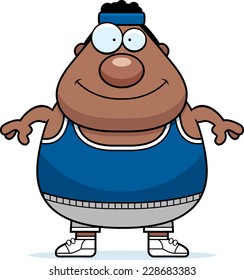 A cartoon illustration of an exercising man smiling.