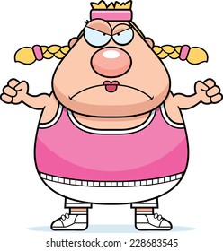 A cartoon illustration of an exercising woman looking angry.