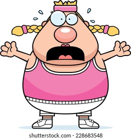 A cartoon illustration of an exercising woman looking scared.